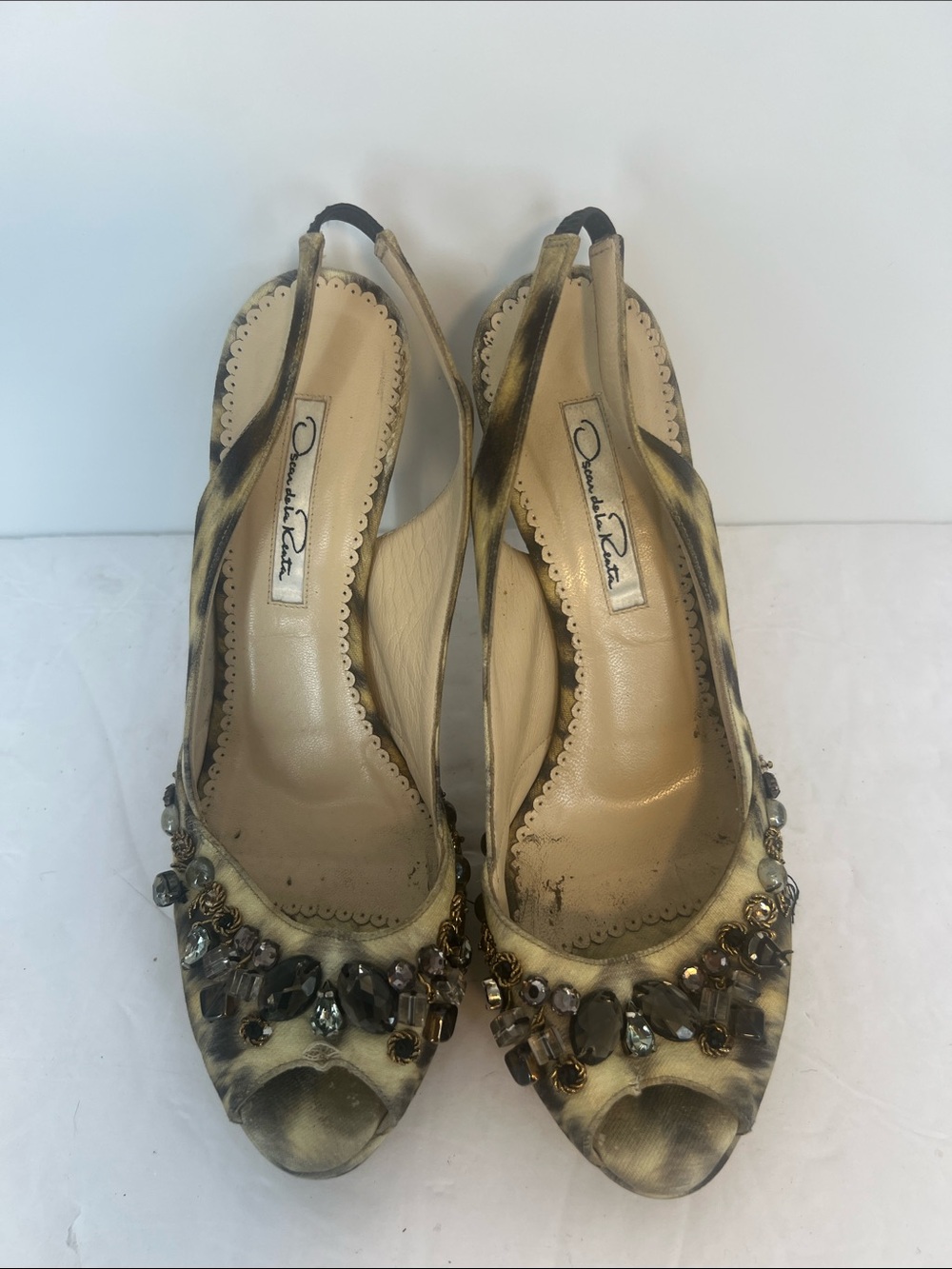 Oscar de la Renta Jeweled Slingback animal print Heels Vintage - Picture 2 of 14